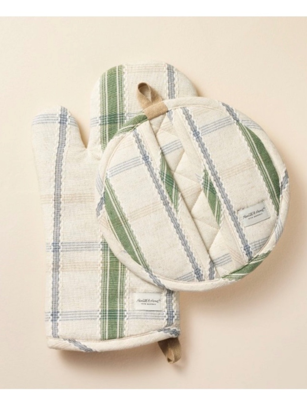 Hearth & Hand Magnolia 2pc Plaid Oven Mitt and Potholder Set Cream/Green/Blue